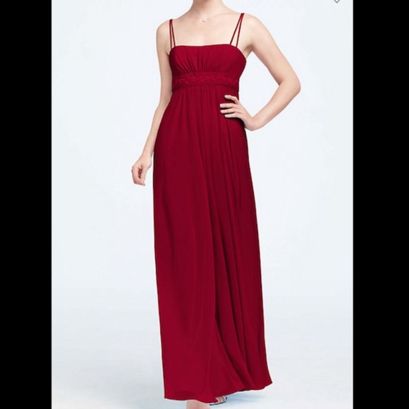 David's Bridal Red Beaded Empire Waist Gown